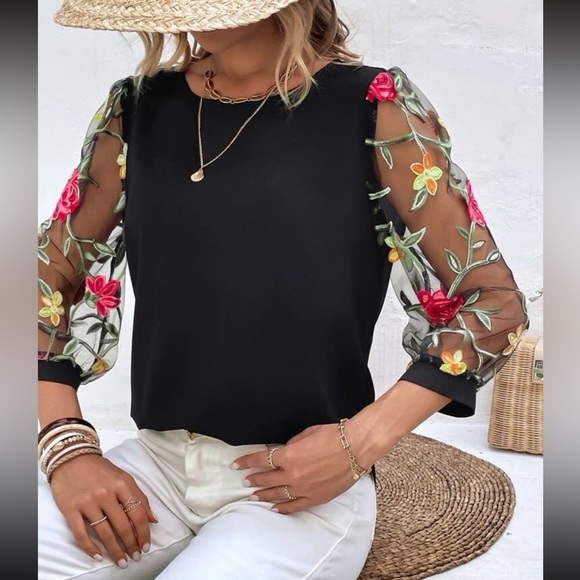 BellanBlue | Tops | Boho Black Floral Embroidered Sheer Sleeve Top ...